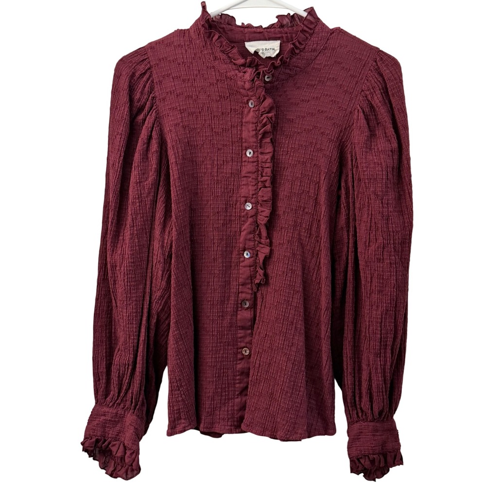 Antik Batik Burgundy Cotton Ruffle Puff Sleeve Button Up Blouse‎ Top Size 38 S